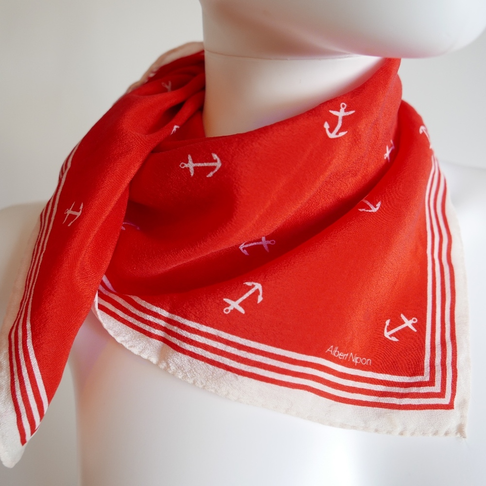 Vintage ALBERT NIPON Silk Chiffon Scarf w/Anchors